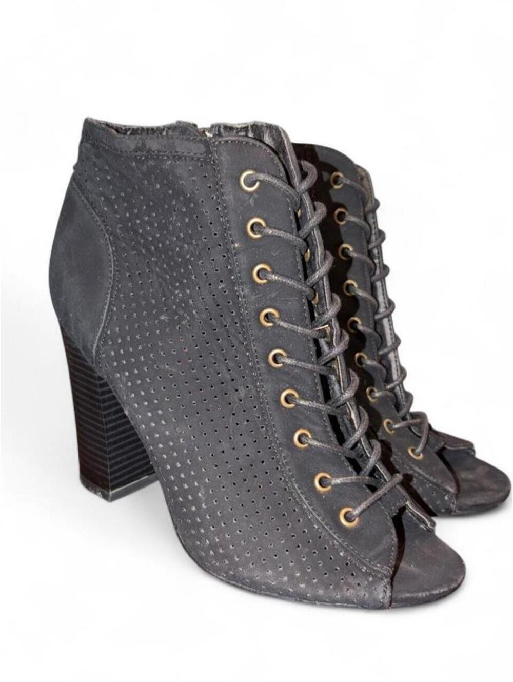 Bamboo Faux Suede Open Toe Block Heel Ankle Boots - Black